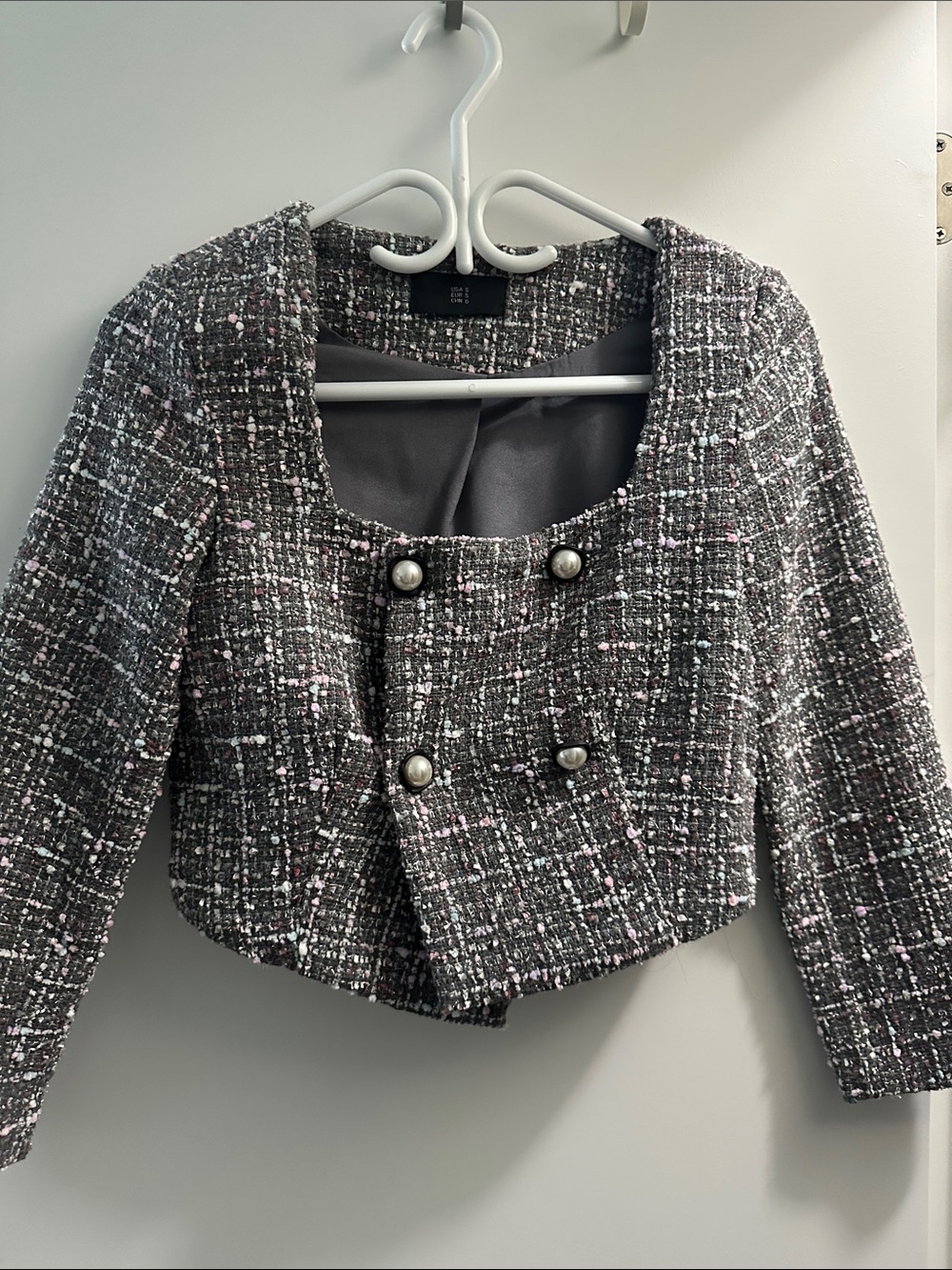 Cropped Tweed Double-Breasted Jacket - Gray with Pink Accents